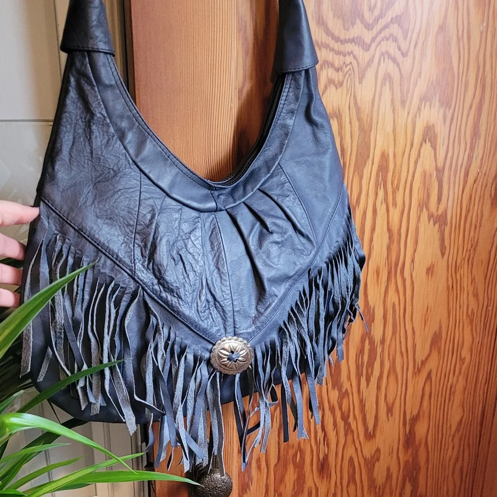Vintage Blue Leather Fringe Shoulder Bag - Picture 1 of 14